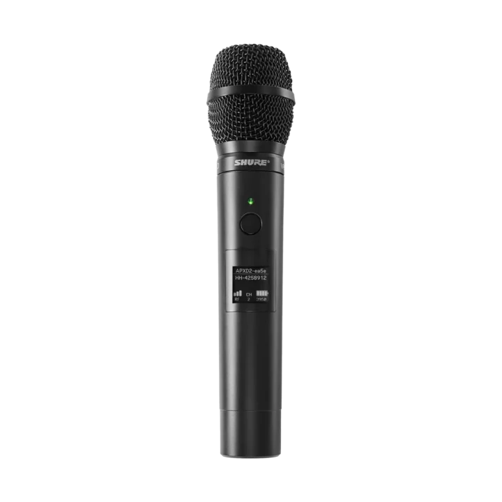 Shure MXW2X handheld wireless transmitter with VP68 capsule showing microphone head and controls detail