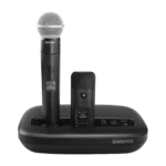 Shure MXW6X wireless boundary transmitter with omnidirectional microphone mounted on conference table