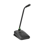 Shure MXW8X desktop gooseneck transmitter showing control interface and connectivity details