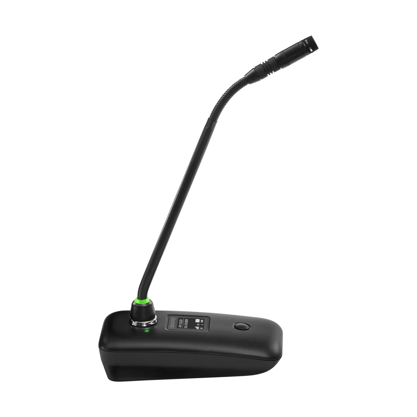 Shure MXW8X Desktop Gooseneck Transmitter Front View Shure MXW8X desktop gooseneck transmitter with flexible neck and wireless microphone capsule