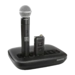 Shure MXWAPXD2 wireless access point transceiver close-up showing connection ports and interface details
