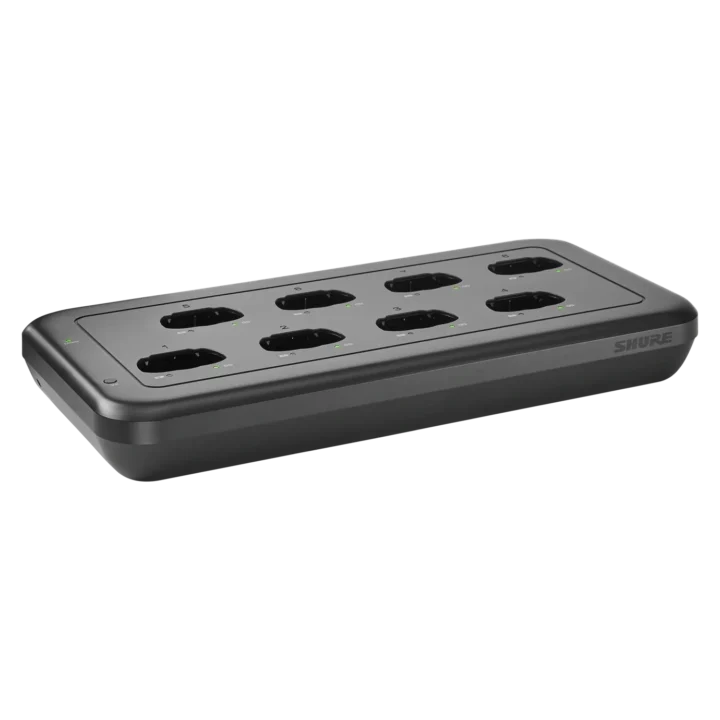 Shure MXWNDX networked charging station with eight charging slots and digital display panel