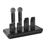 Shure MXWNDX networked charging station showing top panel layout and charging dock configuration