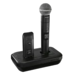 Shure MXWNDX networked charging station showing top panel layout and charging contacts