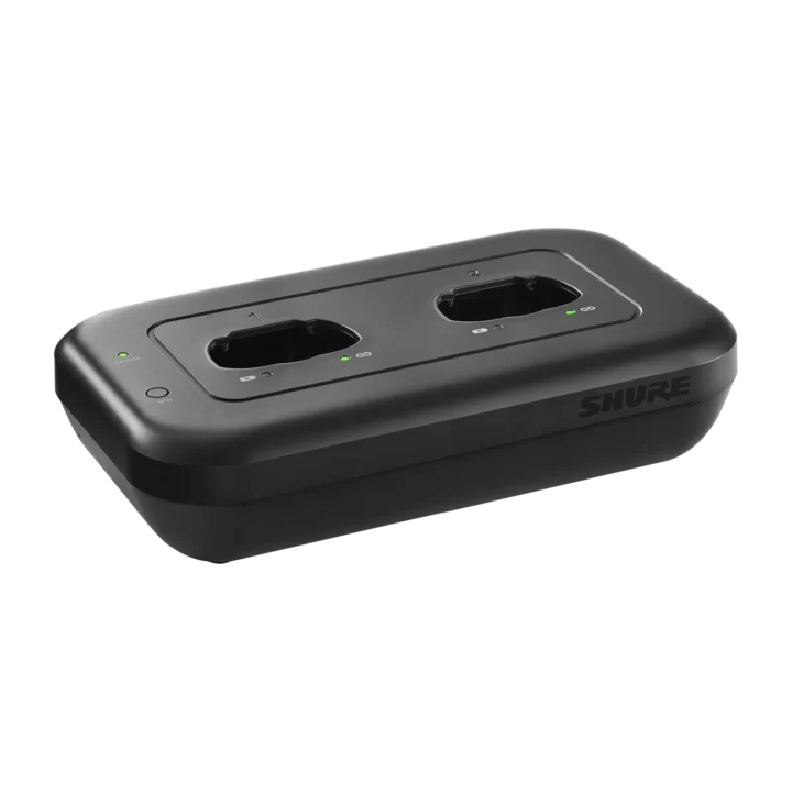 Shure MXWNDX2 networked charging station with dual charging bays and digital display panel