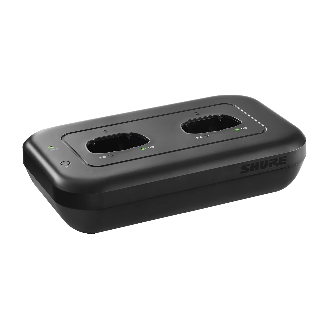 Shure MXWNDX2 Networked Charging Station Front View Shure MXWNDX2 networked charging station with dual charging bays and digital display panel