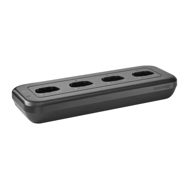 Shure MXWNDX4 networked charging station with four wireless microphone charging slots and digital display panel
