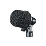Shure Nexadyne 2 supercardioid dynamic microphone positioned on kick drum in professional studio setting