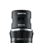 Shure Nexadyne 8/C cardioid dynamic microphone mounted on stand during live vocal performance