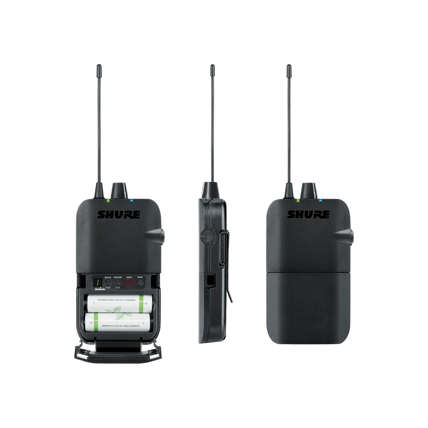 Shure P3R Wireless Bodypack Receiver H20 Front View Shure P3R wireless bodypack receiver H20 with display screen and control buttons front view