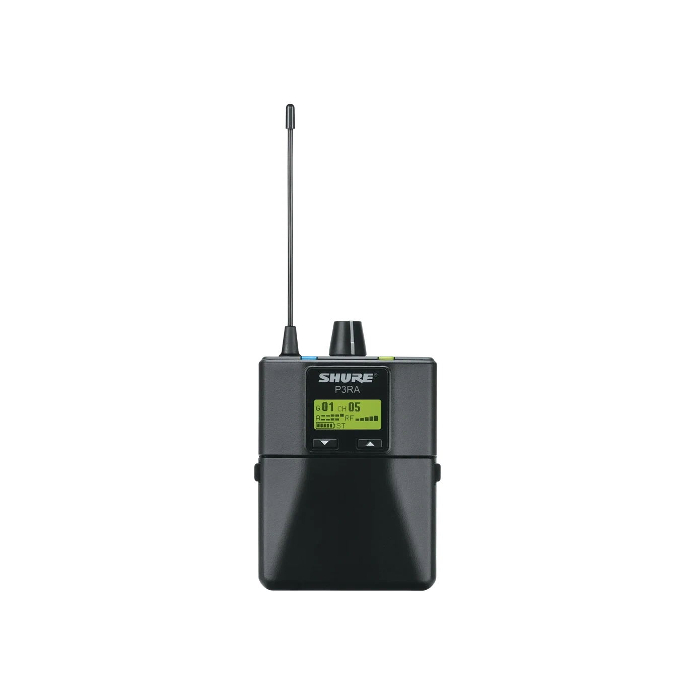 Shure P3RA Premium Wireless Bodypack Receiver G20 Shure P3RA wireless bodypack receiver with belt clip and LCD display front view