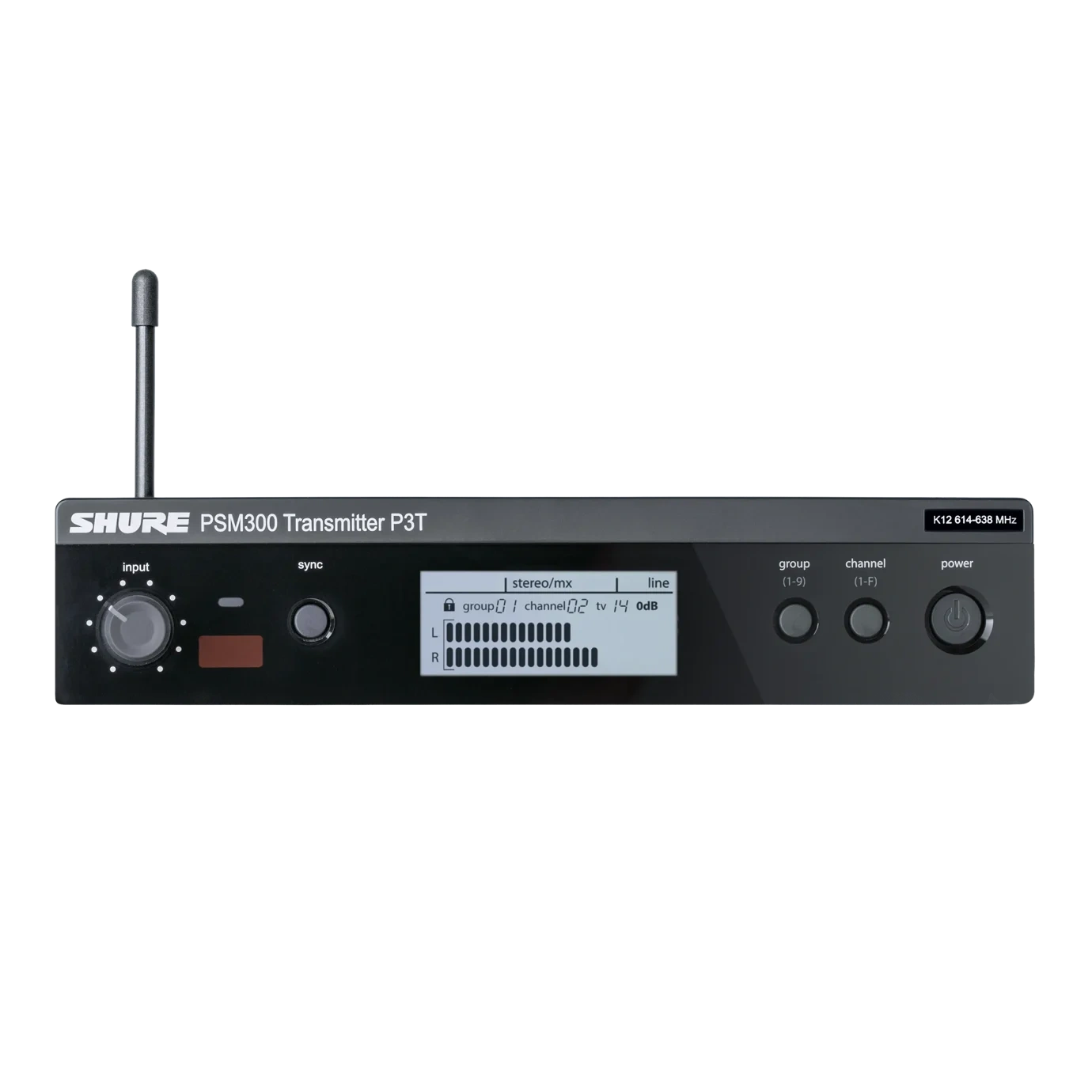 Shure P3T Wireless Transmitter H20 Front View Shure P3T wireless transmitter H20 UHF bodypack transmitter front panel with controls