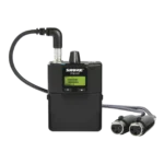 Shure P9HW PSM 900 wired bodypack personal monitor showing side profile and belt clip attachment
