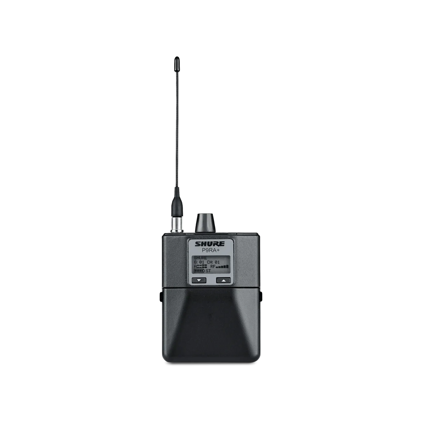 Shure P9RA+ Bodypack Receiver G7 Wireless System Shure P9RA+ bodypack receiver with belt clip and antenna, front view