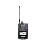 Shure P9RA+ wireless bodypack receiver rear panel showing antenna connector and battery compartment
