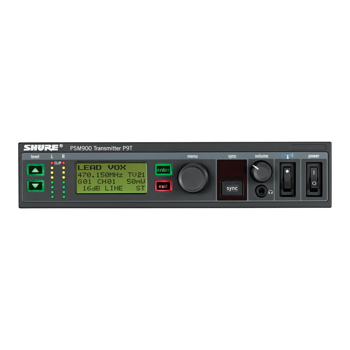 Shure P9T Wireless Transmitter G7 Front View Shure P9T wireless transmitter G7 frequency band showing front panel controls and display