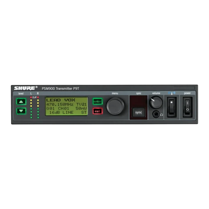 Shure P9T wireless transmitter G6 band 470-506 MHz front panel with controls
