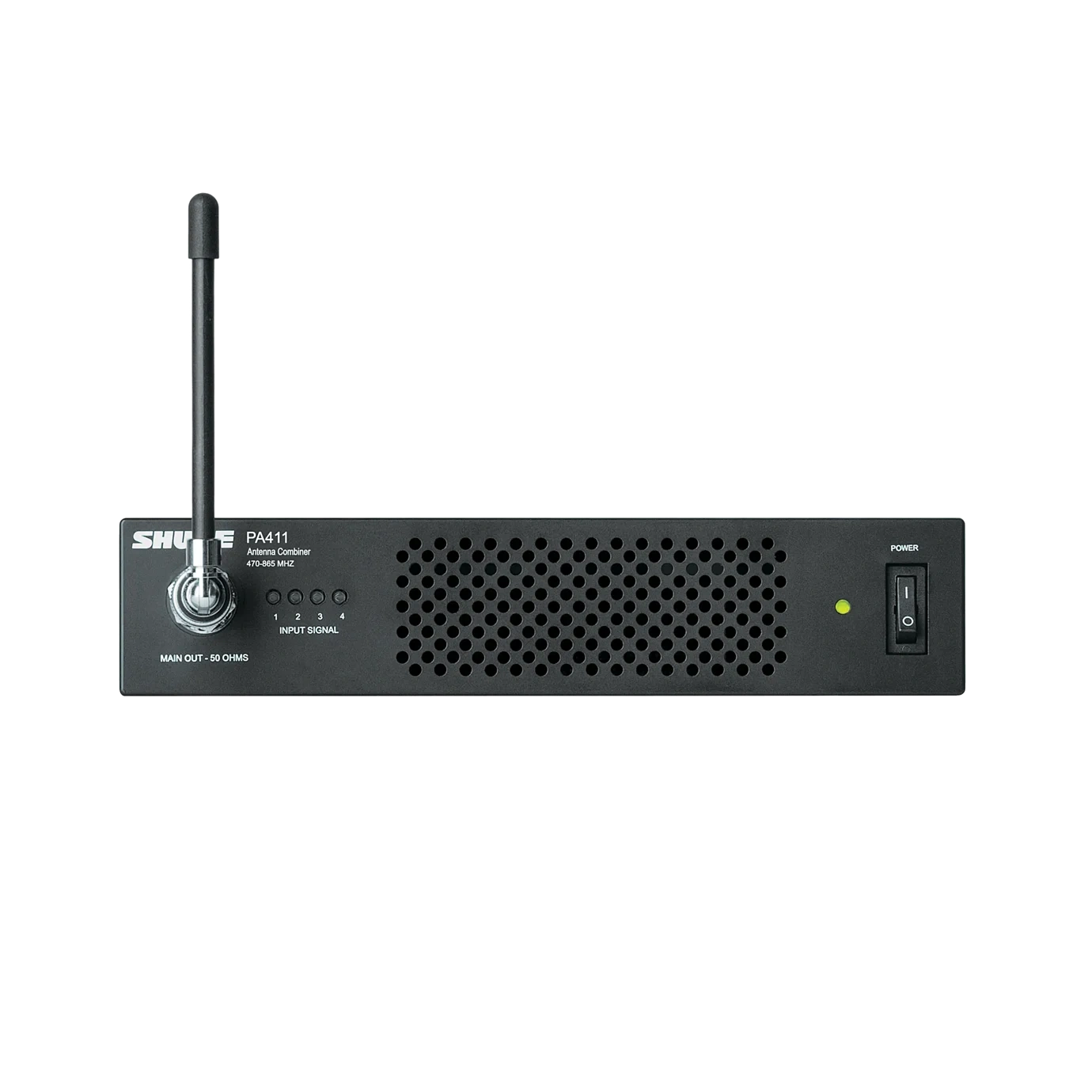 Shure PA411 Antenna Combiner Front View Shure PA411 antenna combiner unit with dual input connectors and frequency selector controls