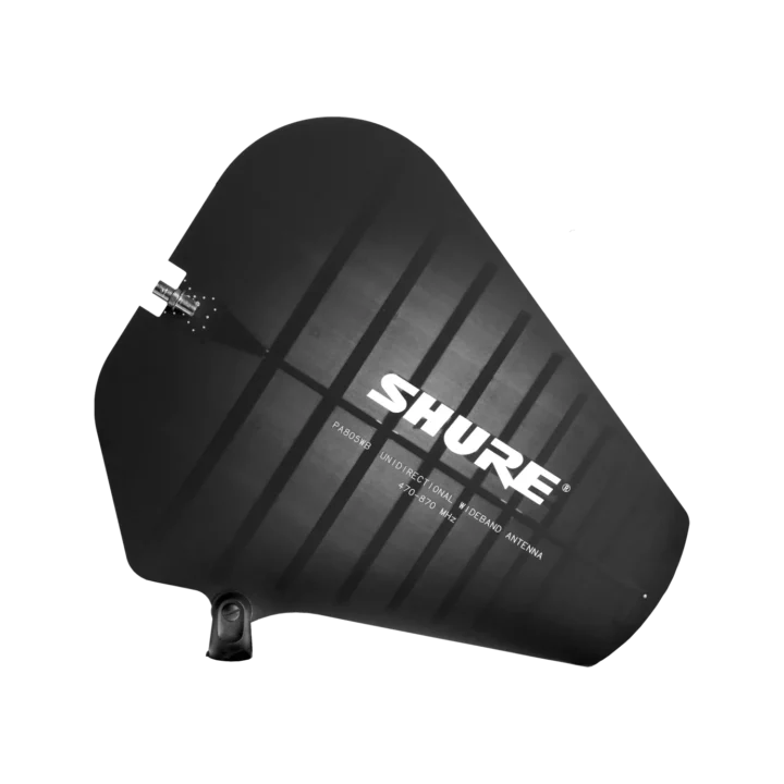 Shure PA805 directional antenna with black housing and mounting bracket, 470-952 MHz frequency range