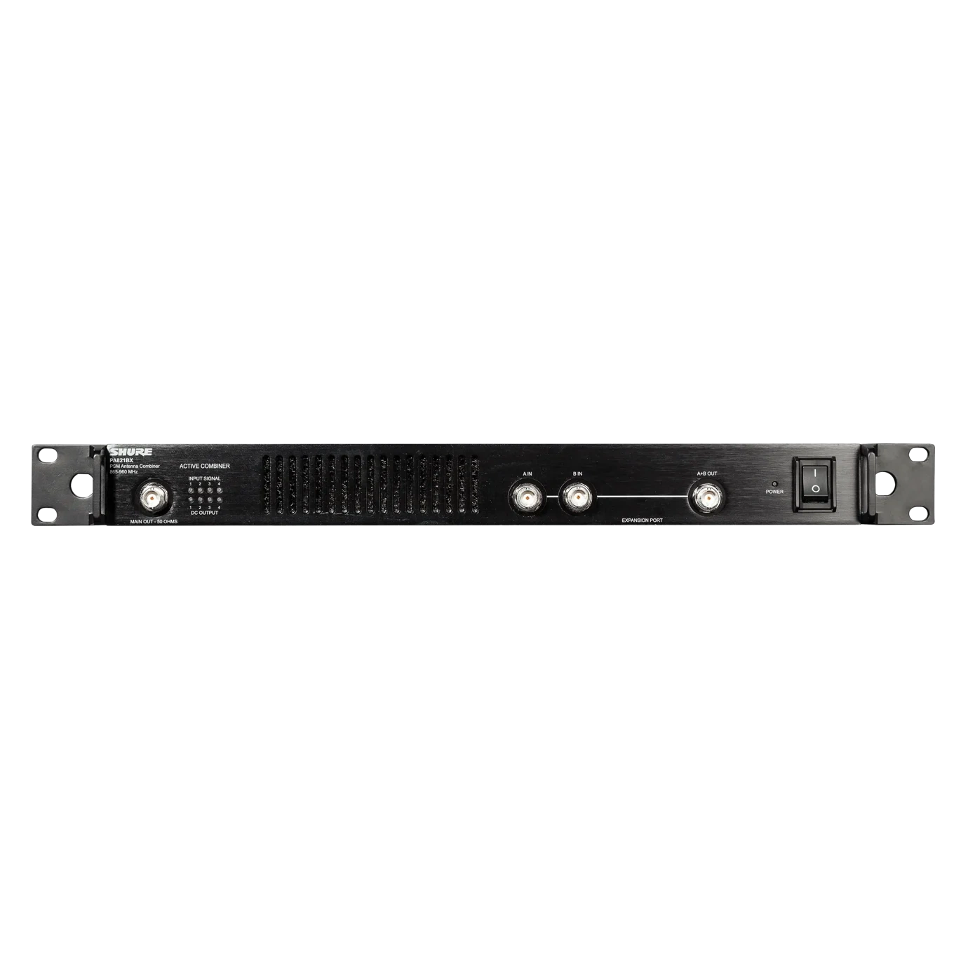 Shure PA821B Antenna Combiner PSM Wireless Systems Shure PA821B antenna combiner for PSM wireless systems, 865-960 MHz frequency range, front view