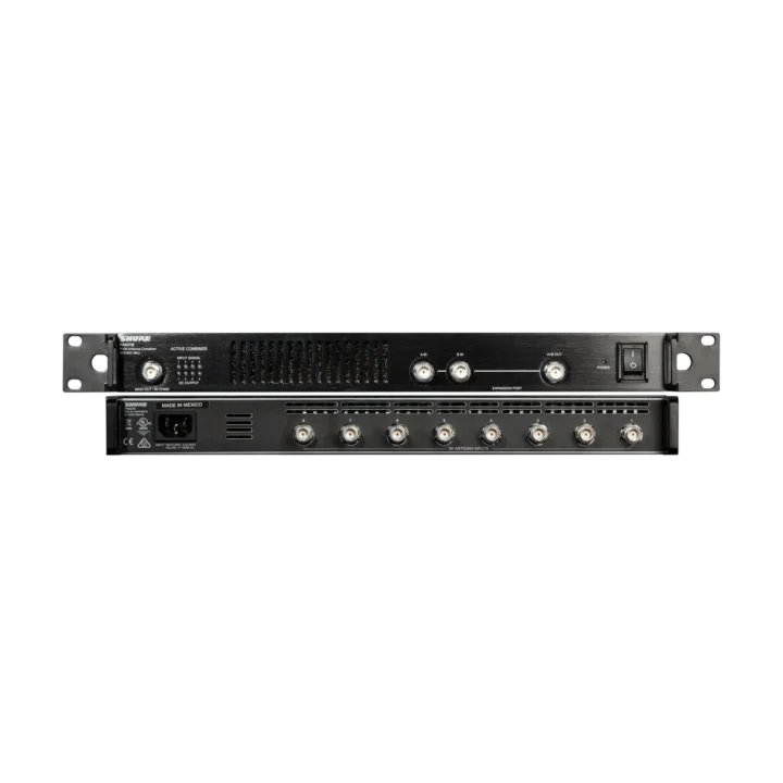 Shure PA821B antenna combiner for PSM wireless systems, front view with connectors