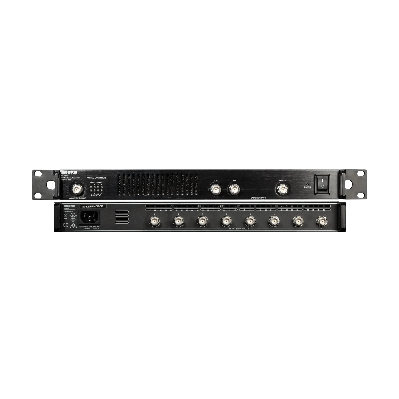 Shure PA821B Antenna Combiner PSM Wireless Systems Shure PA821B antenna combiner for PSM wireless systems, front view with connectors