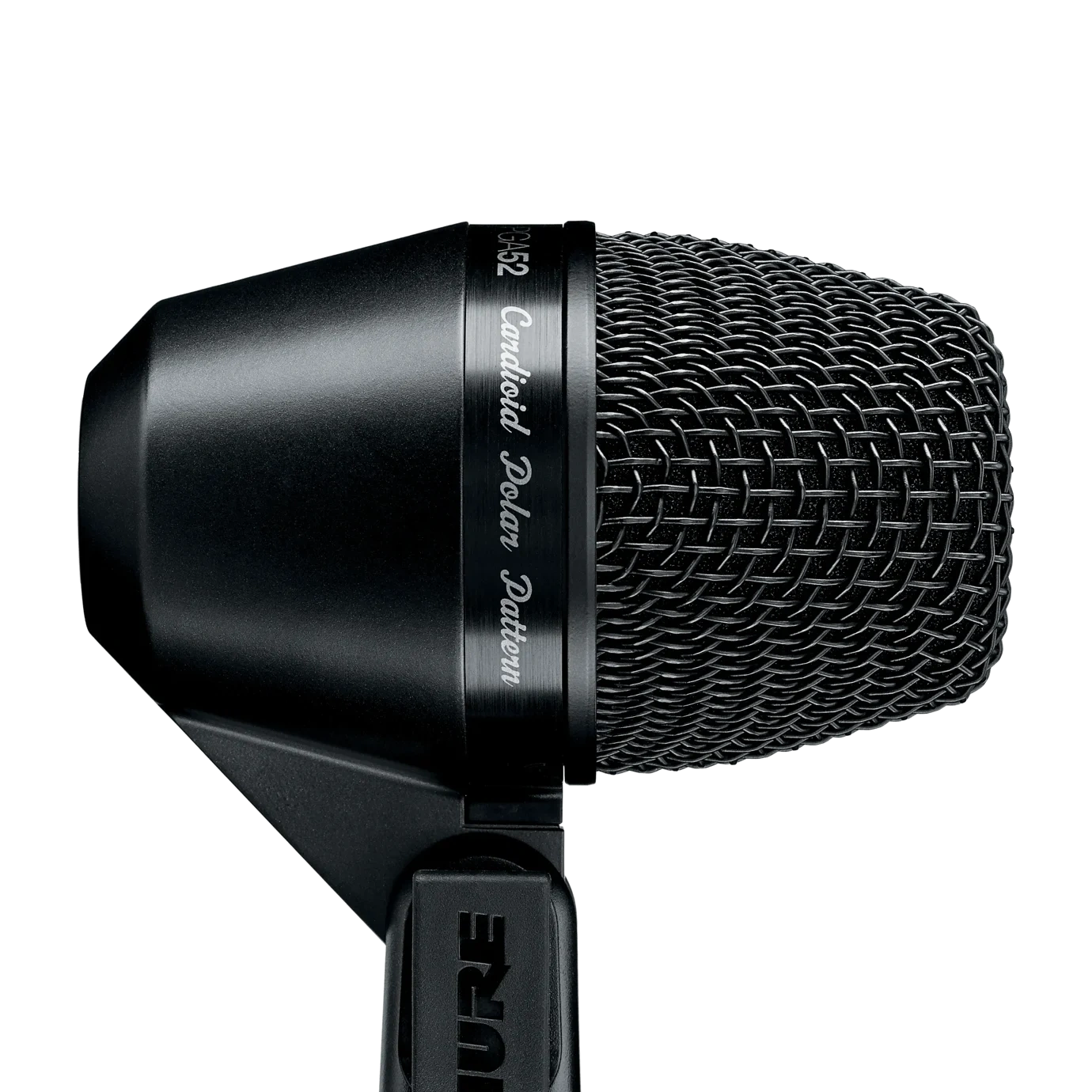 Shure PGA52 Cardioid Dynamic Kick Drum Microphone Front Shure PGA52 cardioid dynamic microphone with mesh grille and stand adapter for kick drum recording