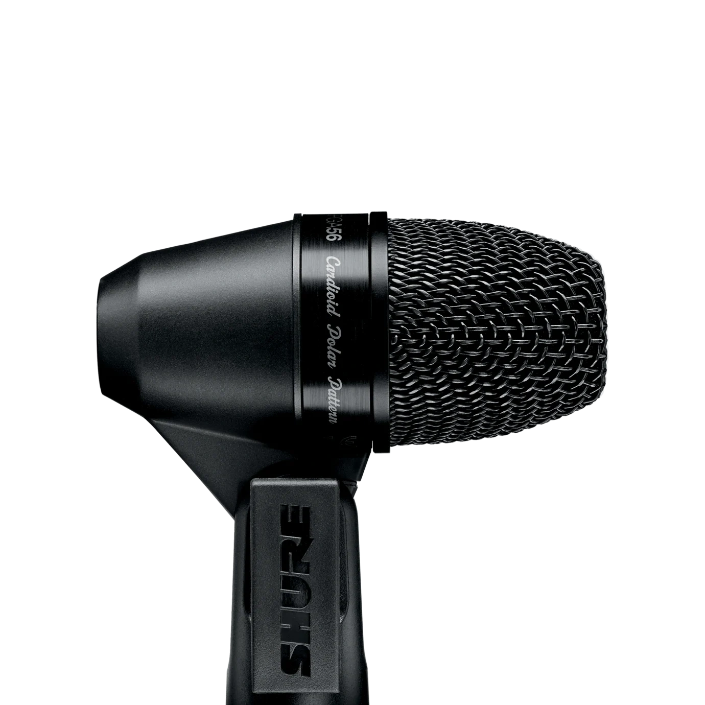 Shure PGA56 Cardioid Dynamic Microphone Front View Shure PGA56 cardioid dynamic microphone with black finish and mesh grille, front view