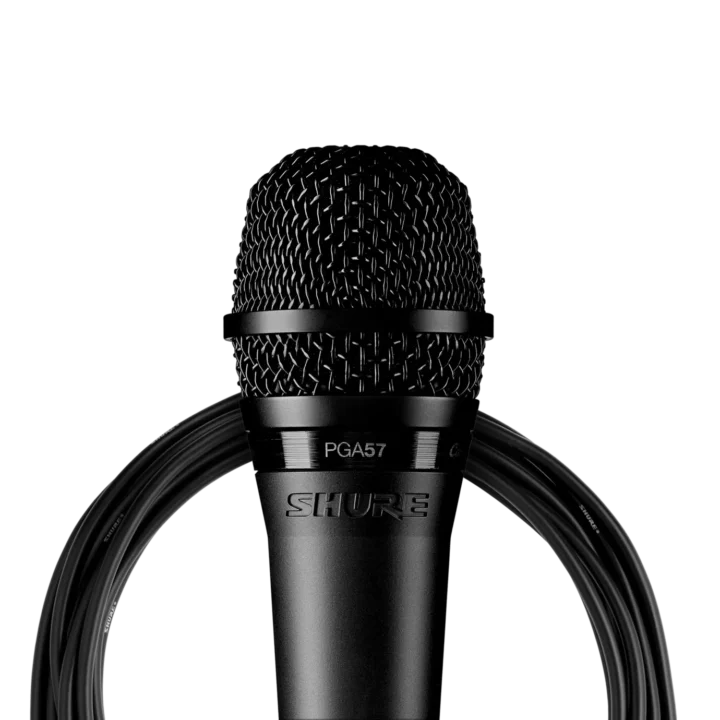 Shure PGA57 cardioid dynamic instrument microphone with XLR cable included, front view