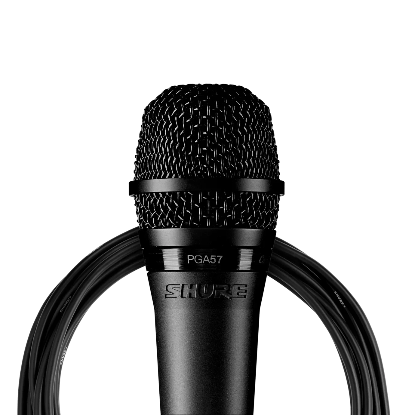 Shure PGA57 Cardioid Dynamic Instrument Microphone Front View Shure PGA57 cardioid dynamic instrument microphone with XLR cable included, front view