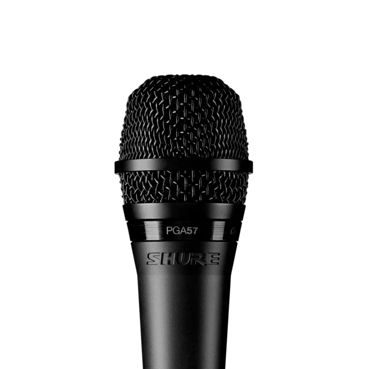 Shure PGA57 cardioid dynamic microphone with black finish and metal grille front view