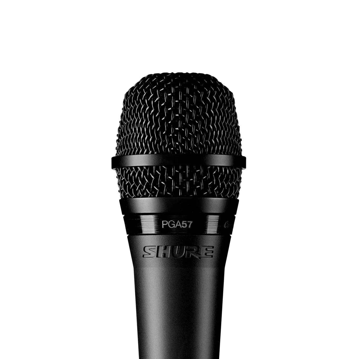 Shure PGA57 Cardioid Dynamic Instrument Microphone Front View Shure PGA57 cardioid dynamic microphone with black finish and metal grille front view
