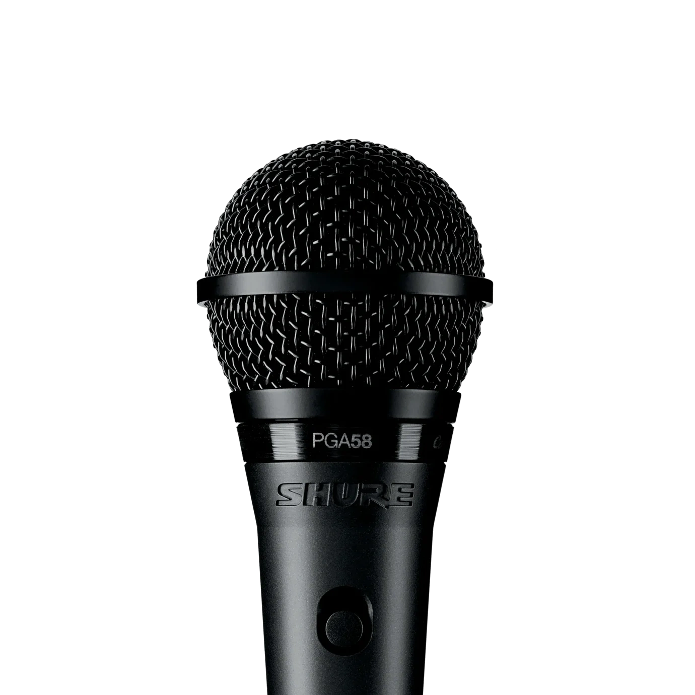 Shure PGA58 Vocal Microphone Front View Shure PGA58 dynamic vocal microphone with cardioid pickup pattern and rugged metal construction