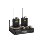 Shure PSM300 Twinpack wireless in-ear monitor system showing receiver and transmitter detail controls