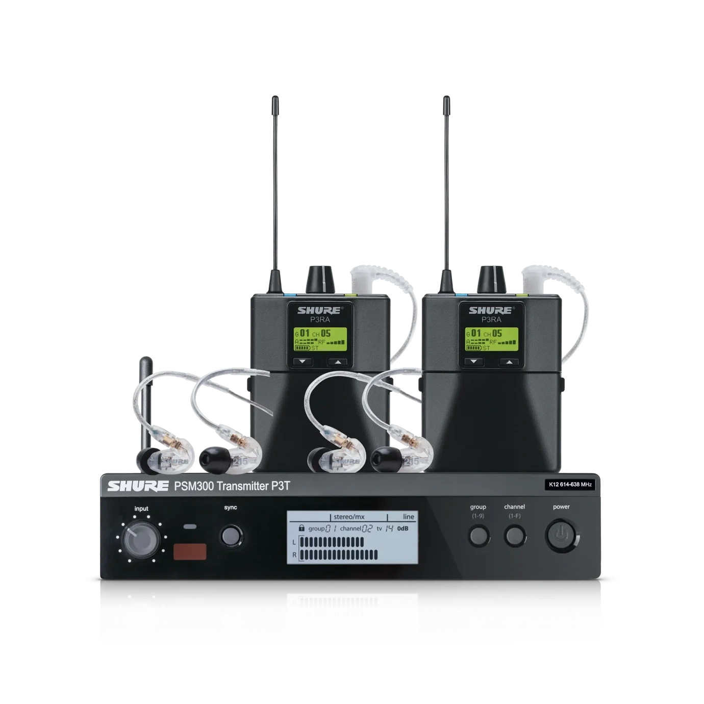 Shure PSM300 Twinpack Wireless In-Ear Monitor System Shure PSM300 Twinpack wireless in-ear monitor system with bodypack transmitters and earpieces front view