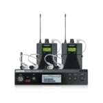 Shure PSM300 Twinpack wireless in-ear monitor system with bodypack transmitters and earpieces front view