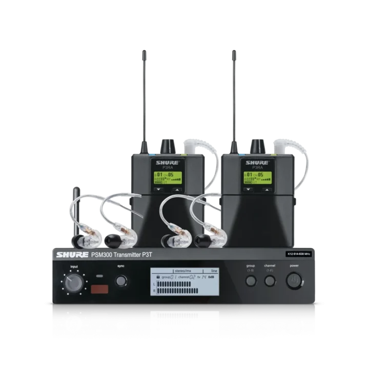 Shure PSM300 Twinpack wireless in-ear monitor system with bodypack transmitters and earpieces front view