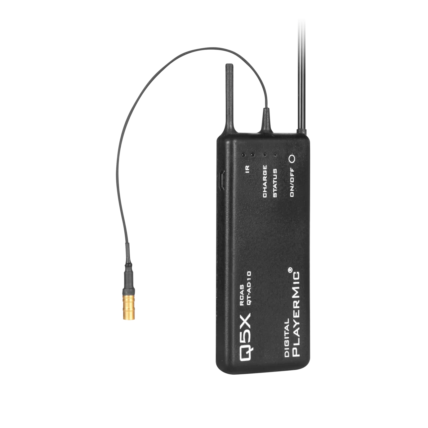 Shure Q5X PlayerMic Wireless Microphone Front View Shure Q5X PlayerMic wireless microphone system with transmitter and receiver components front view