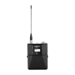 Shure QLXD1 bodypack transmitter showing control buttons, LCD display, and antenna connection