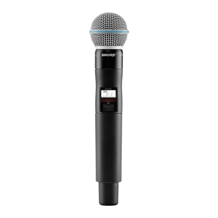 Shure QLXD2 handheld wireless transmitter with Beta 58A capsule, front view
