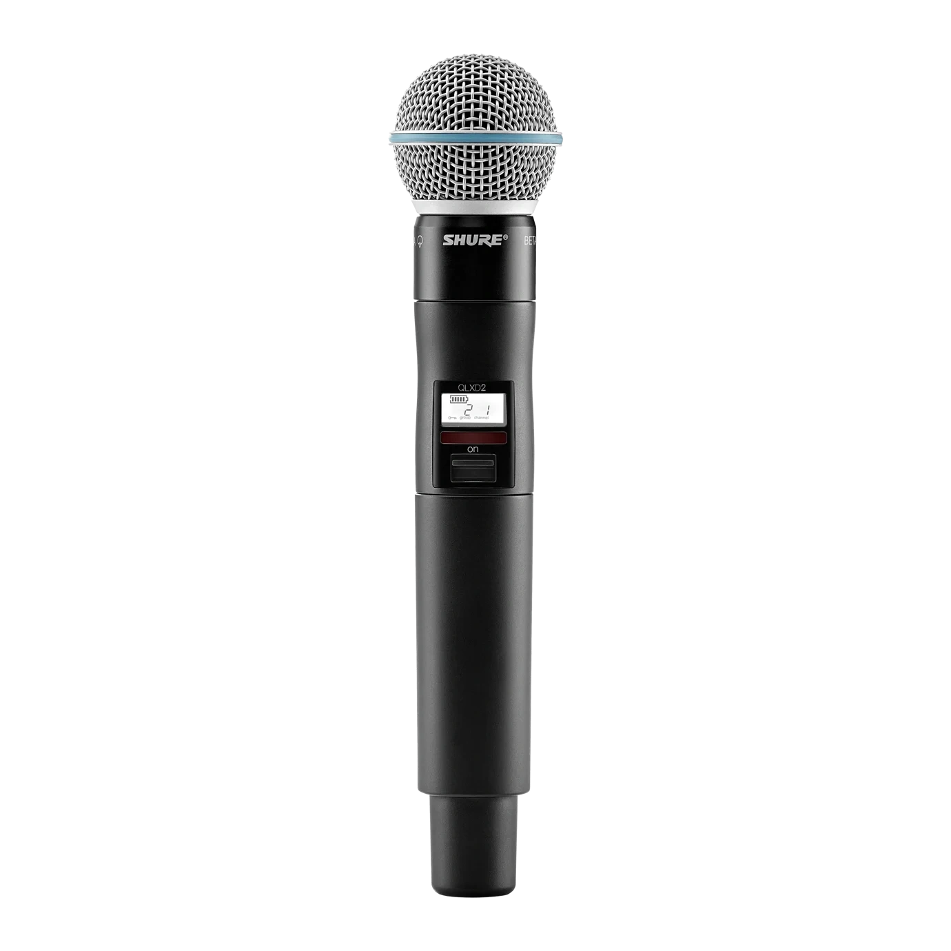 Shure QLXD2 B58A Handheld Wireless Microphone Transmitter Shure QLXD2 handheld wireless microphone transmitter with Beta 58A capsule, front view