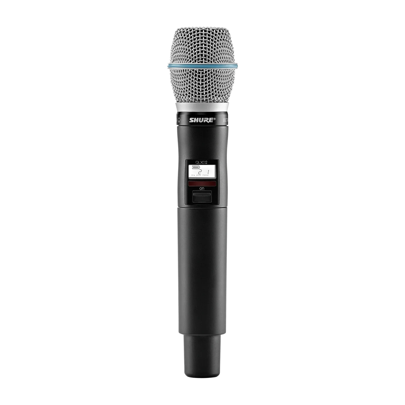 Shure QLXD2 B87A Handheld Wireless Microphone Transmitter Shure QLXD2 handheld wireless microphone transmitter with Beta 87A capsule, front view