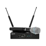 Shure QLXD2 handheld wireless microphone transmitter with Beta 87C capsule, side angle view showing grip and controls