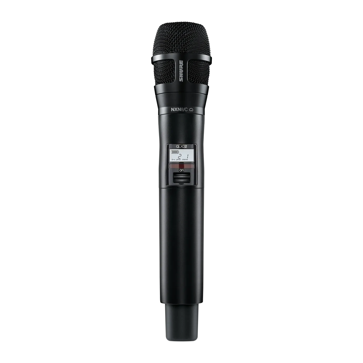 Shure QLXD2 Handheld Wireless Transmitter Front View Shure QLXD2 handheld wireless transmitter with Nexadyne 8/C capsule, front-facing product view
