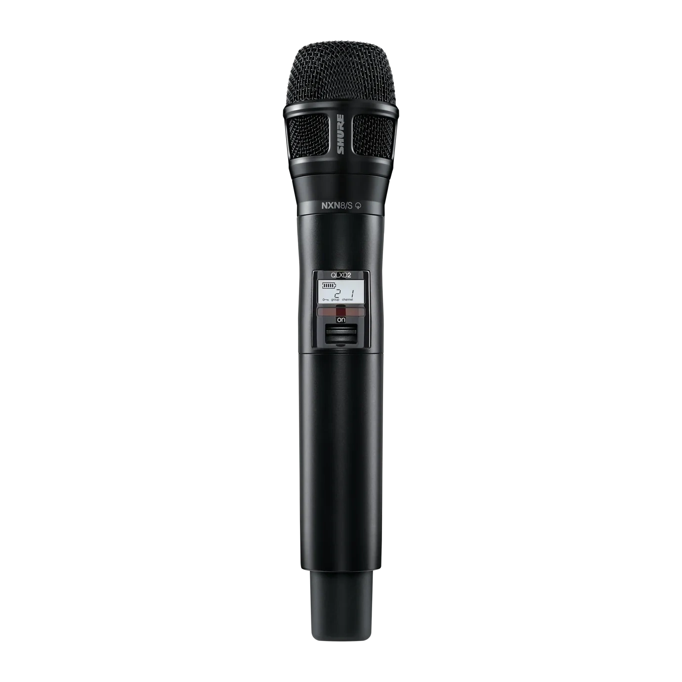 Shure QLXD2 Handheld Wireless Microphone Transmitter Shure QLXD2 handheld wireless microphone transmitter with Nexadyne 8/S capsule, front view