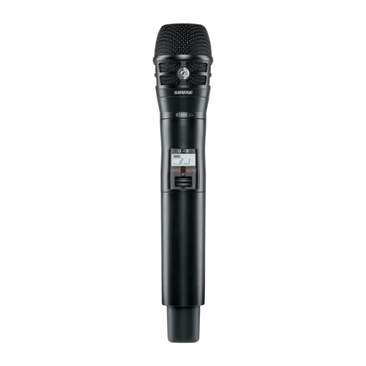 Shure QLXD2 K8 handheld wireless transmitter with KSM8 capsule, front-facing product view