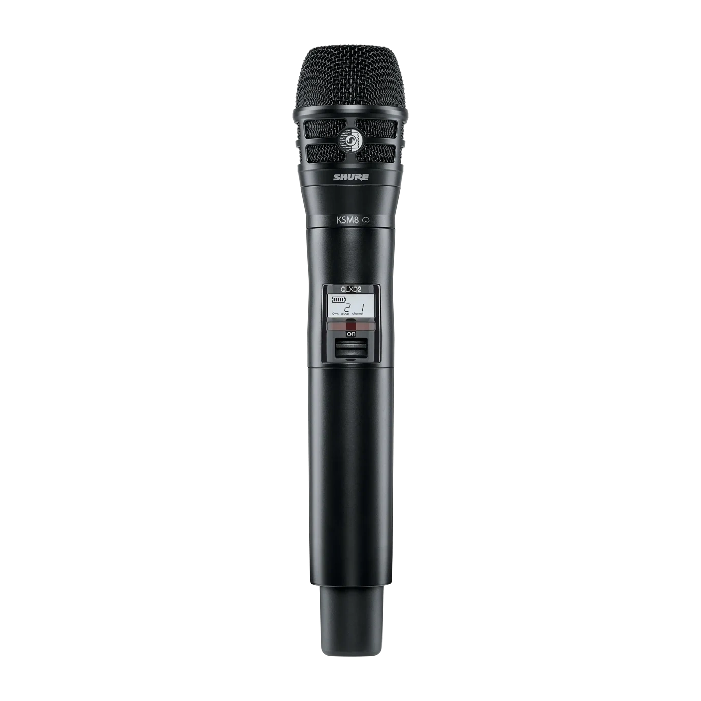 Shure QLXD2 K8 Handheld Wireless Transmitter Front View Shure QLXD2 K8 handheld wireless transmitter with KSM8 capsule, front-facing product view