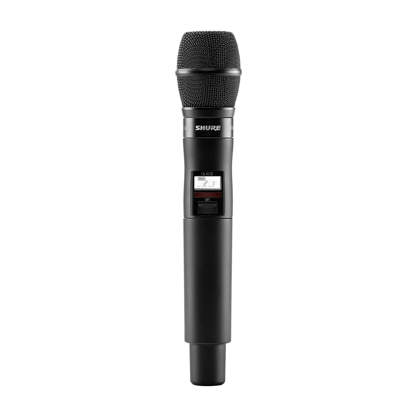 Shure QLXD2 KSM9 Handheld Wireless Transmitter Front View Shure QLXD2 handheld wireless transmitter with KSM9 capsule, H50 frequency band, front view