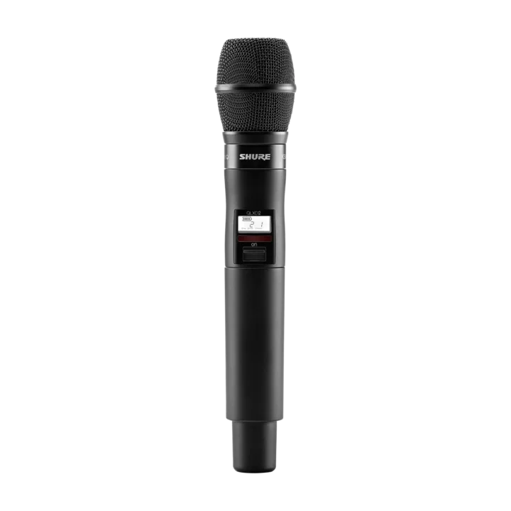 Shure QLXD2 handheld wireless transmitter with KSM9 capsule, front view showing controls and display