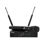 Shure QLXD2 handheld wireless transmitter with KSM9 capsule, side profile showing controls and antenna